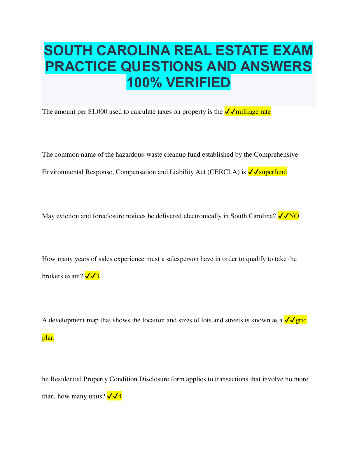 SOUTH CAROLINA REAL ESTATE EXAM PRACTICE QUESTIONS AND ANSWERS 100